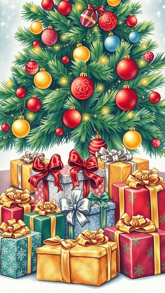 Christmas Gift Drawing Ideas A vibrant drawing of Christmas gifts under a decorated tree, showcasing festive colors and decorations.